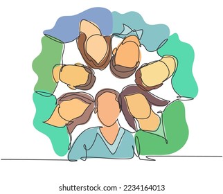 One line drawing of group of businessman and businesswoman creating circle and round shape as teamwork symbol. Business team building concept continuous line draw design graphic vector illustration