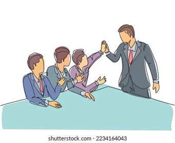 One line drawing group of businessmen celebrating their successive goal at the business meeting with high five gesture. Business deal concept continuous line graphic draw design vector illustration