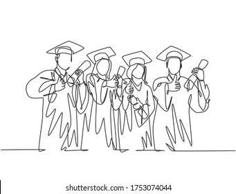 One line drawing group of graduate male and female college student wearing gown uniform and hold diploma certificate paper. Education concept continuous line draw design graphic vector illustration