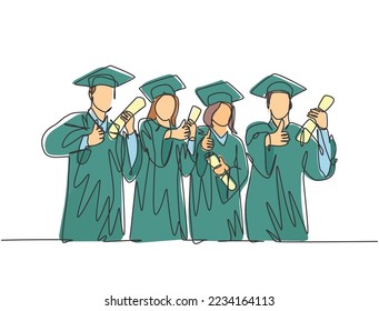 One line drawing group of graduate male and female college student wearing gown uniform and hold diploma certificate paper. Education concept continuous line draw design graphic vector illustration