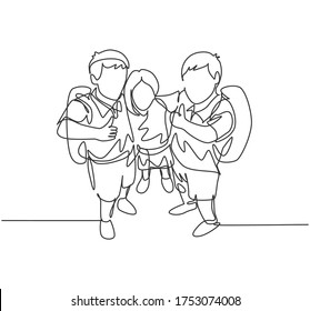 One line drawing group of happy male and female elementary school student carrying school bag and giving thumb up gesture. Education concept continuous line draw design vector illustration graphic