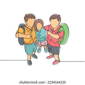 One line drawing group of happy male and female elementary school student carrying school bag and giving thumb up gesture. Education concept continuous line draw design vector illustration graphic
