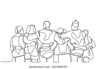 One line drawing of group of men and women standing together showing their friendship isolated on white background.