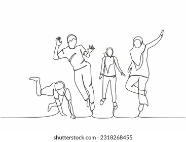 One line drawing of group of men and women jumping together showing their friendship isolated on white background.