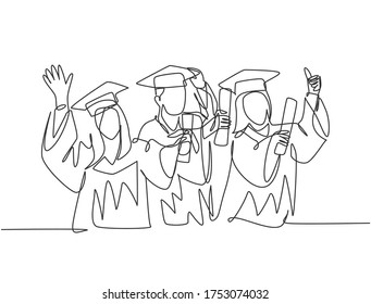 One line drawing group of young happy graduate male and female college student wearing gown and holding diploma certificate paper. Education concept continuous line draw design vector illustration