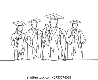 One line drawing group of young happy graduate male and female college student wearing gown and holding diploma certificate paper. Education concept continuous line draw design vector illustration