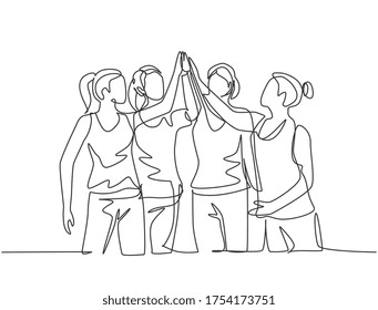 One line drawing of group of young happy women giving high five gestures after doing some aerobics exercise at gymnasium together. Fitness concept continuous line draw design vector illustration