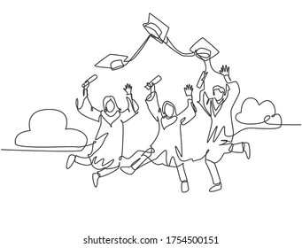 One line drawing group of young happy graduate male and female college student jumping and wear graduation gown. Education celebration concept. Continuous line draw graphic design vector illustration