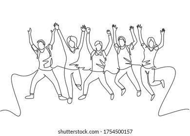 One Line Drawing Group Of Young Happy Male And Female College Student Jumping To Celebrate Their Final Exam Result. Education Celebration Concept. Continuous Line Draw Design Vector Illustration