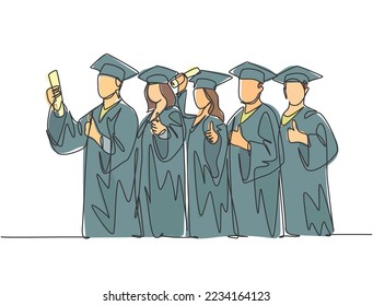 One line drawing group of young happy graduate male and female college student wearing gown and holding diploma certificate paper. Education concept continuous line draw design vector illustration
