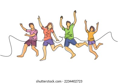 One line drawing of group of young happy male and female jumping together to celebrate their vacation. Traveling holiday concept. Continuous line draw vector illustration