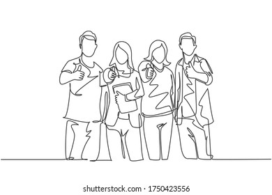 One Line Drawing Of Groups Of Happy College Students Giving Thumbs Up Gesture After Studying Together At University Library. Learn And Study In Campus Life Concept. Continuous Line Draw Design Vector