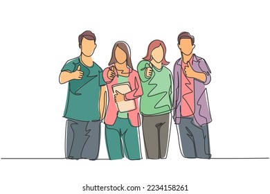 One line drawing of groups of happy college students giving thumbs up gesture after studying together at university library. Learn and study in campus life concept. Continuous line draw design vector