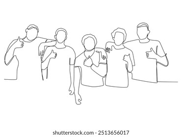 One line drawing of groups of happy college students giving thumbs up gesture after studying together at university library, Continuous line draw design vector.