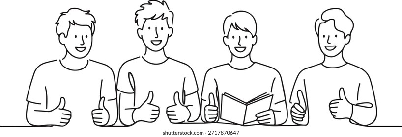 Eine Zeile Zeichnung von Gruppen von fröhlichen Studenten, die Daumen hoch Geste geben, nachdem sie zusammen an der Universitätsbibliothek studiert haben. Lernen und studieren im Campus Lebenskonzept. einzeilige Symbolzeichnung
