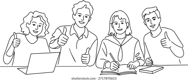 Un dibujo de líneas de grupos de estudiantes universitarios felices dando gestos de aprobación después de estudiar juntos en la Biblioteca universitaria. Aprenda y estudie en el concepto de vida en el campus. dibujo de iconos de una línea
