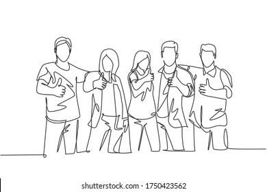 One line drawing of groups of young happy college students giving thumbs up gesture after studying together at campus library. Learn and study in university life concept. Continuous line draw design