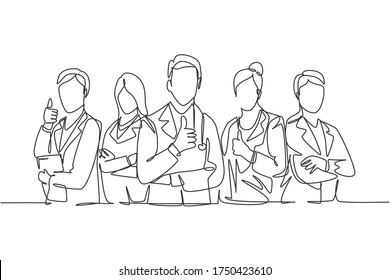 One Line Drawing Of Groups Of Young Happy Doctors Giving Thumbs Up Gesture For Best Healthcare Service In Hospital. Medical Team Work Concept. Continuous Line Graphic Draw Design Vector Illustration