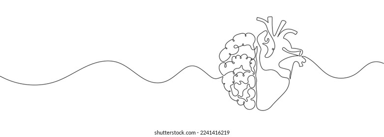 One line drawing half human brain   human heart  Vector illustration