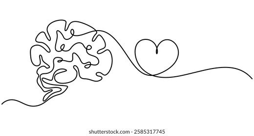 One line drawing of half of a human brain and a human heart. Vector illustration, One continuous line drawing of human brain and love heart shape logo icon. Balance. Psychological split affection.