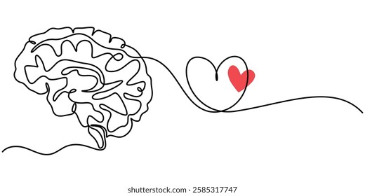 One line drawing of half of a human brain and a human heart. Vector illustration, One continuous line drawing of human brain and love heart shape logo icon. Balance. Psychological split affection.