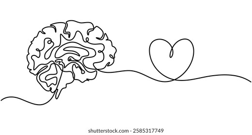 One line drawing of half of a human brain and a human heart. Vector illustration, One continuous line drawing of human brain and love heart shape logo icon. Balance. Psychological split affection.