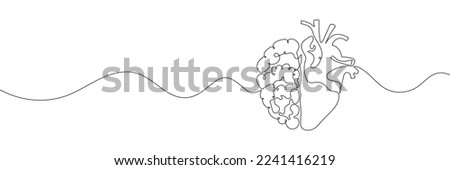 One line drawing of half of a human brain and a human heart. Vector illustration