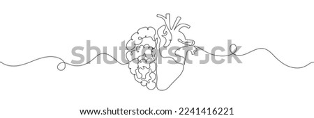 One line drawing of half of a human brain and a human heart. Vector illustration