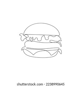 One line drawing of hamburger. Fast food cheeseburger. Street food concept. Hand drawn vector illustration.