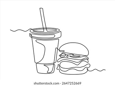 One line drawing of hamburger and soda or cola drink. Fast food cheeseburger. Street food concept. Hand drawn one line vector. Editable stroke	