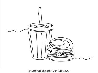 One line drawing of hamburger and soda or cola drink. Fast food cheeseburger. Street food concept. Hand drawn one line vector. Editable stroke	