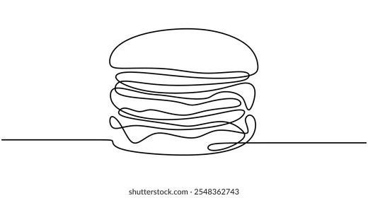 One line drawing of a hamburger, symbolizing timeless comfort food in a simple design.