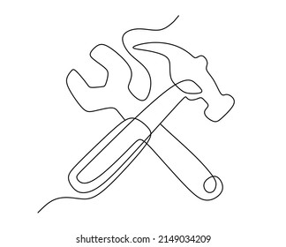 einzeilige Zeichnung von Hammer- und Schraubenwerkzeugen. Vektorgrafik