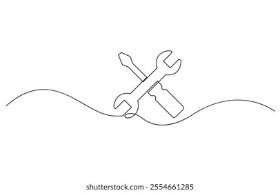 One line drawing of hammer and wrench tools, Adjustable wrench and hammer continuous one line drawing vector illustration, Hammer and wrench single line art, continuous one line drawing of Isolated.