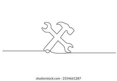 One line drawing of hammer and wrench tools, Adjustable wrench and hammer continuous one line drawing vector illustration, Hammer and wrench single line art, continuous one line drawing of Isolated.