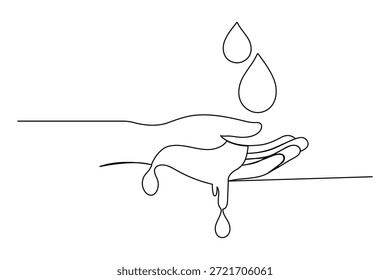 Un dibujo de línea de una mano que atrapa gotas de agua sobre fondo blanco