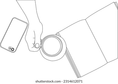 one line drawing hand with cup of tea and book outline vector on white background
