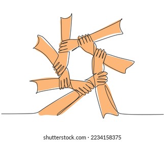 One line drawing of hand gesture making circle ring network. Continuous line drawing of teamwork design style. Business concept vector illustration