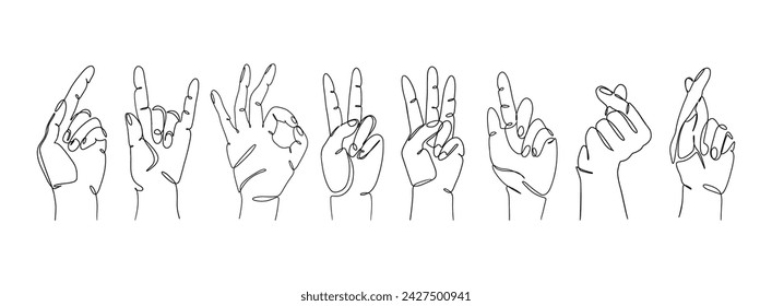 One line drawing of hand gestures. Continuous line human hand signs, simple minimalistic sketch of finger gestures. Vector collection