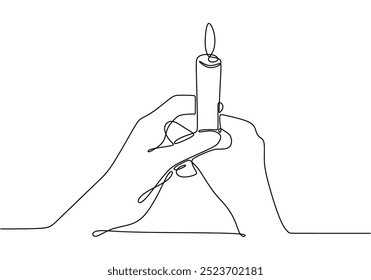 One line drawing of a hand grasping a candle. Minimalist design symbolizing warmth and illumination. Vector illustration.