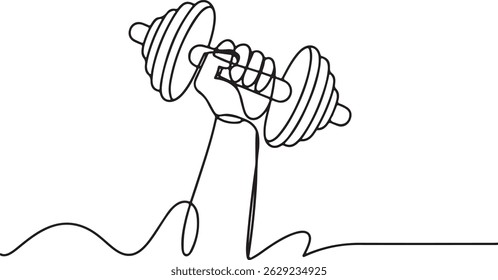 One line drawing of a hand gripping a dumbbell mid-lift with curved motion lines, minimalist gym power and strength illustration

