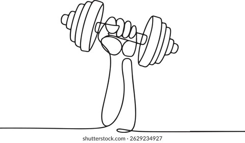 One line drawing of a hand gripping a dumbbell mid-lift with curved motion lines, minimalist gym power and strength illustration

