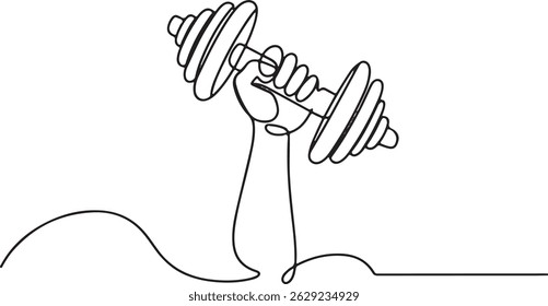 One line drawing of a hand gripping a dumbbell mid-lift with curved motion lines, minimalist gym power and strength illustration

