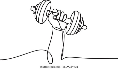 One line drawing of a hand gripping a dumbbell mid-lift with curved motion lines, minimalist gym power and strength illustration

