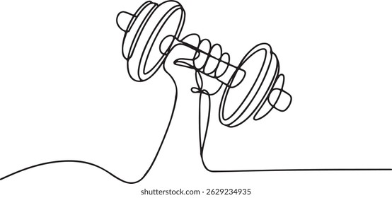 One line drawing of a hand gripping a dumbbell mid-lift with curved motion lines, minimalist gym power and strength illustration

