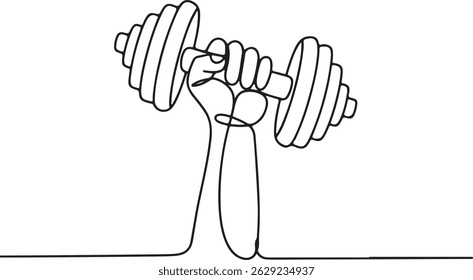 One line drawing of a hand gripping a dumbbell mid-lift with curved motion lines, minimalist gym power and strength illustration

