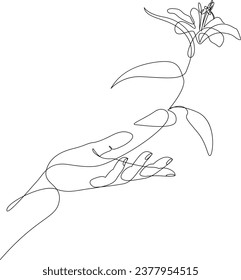 One line drawing of hand with growing flower. Single continuous line growing plant in hand palm. Vector illustration.