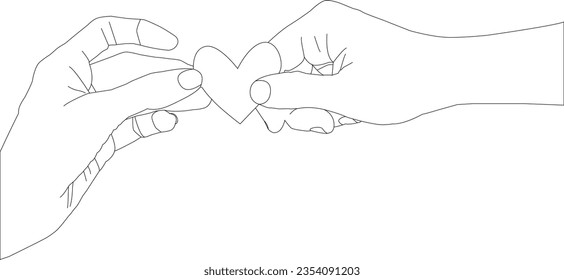 one line drawing hand heart and outline vector on white background