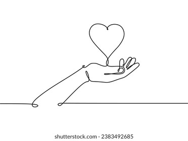 One line drawing hand with heart. Vector illustration isolated. Minimalist design handdrawn.
