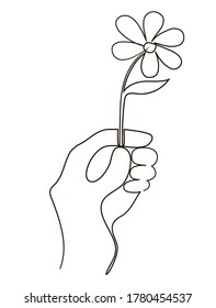 One line drawing of a hand holding a chamomile. Trendy continuous line concept for icon. Drawing isolated on a white background. One line stock vector illustration.
